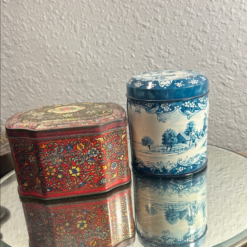 Decorative Red and Blue Tin Containers